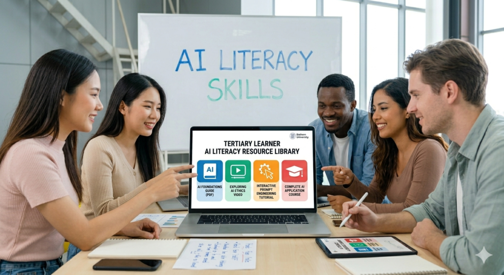 Teechers around a computer screen listing elements of AI literacy resources - guide, video, tutorial and course - to help tertiary learners develop their AI literacy