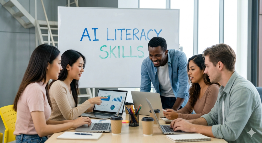 A diverse group of young adult learners looking at laptops in front of a board that says "AI LITERACY SKILLS"